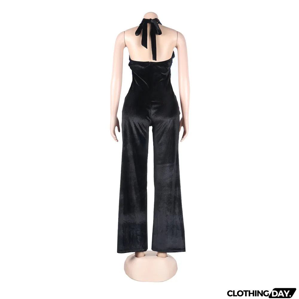 Sexy Sequins Halter Neck Lace-Up Jumpsuit Clubwear