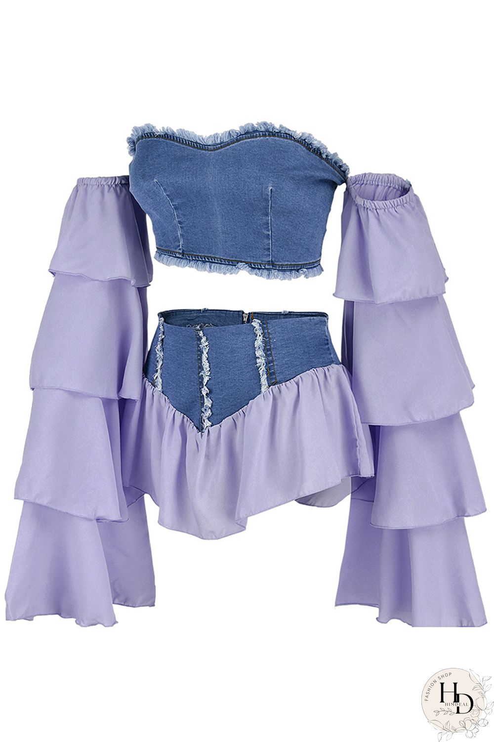 Yellow Fashion Sexy Patchwork Backless Off the Shoulder Long Sleeve Two Pieces