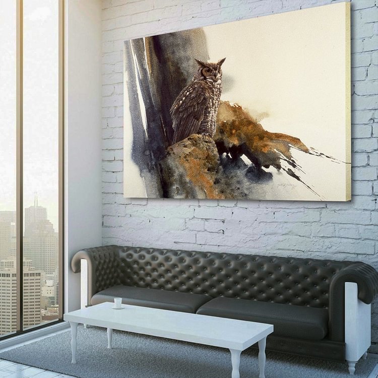 Adult Great Horned Owl Perching watercolor painting Canvas Wall Art