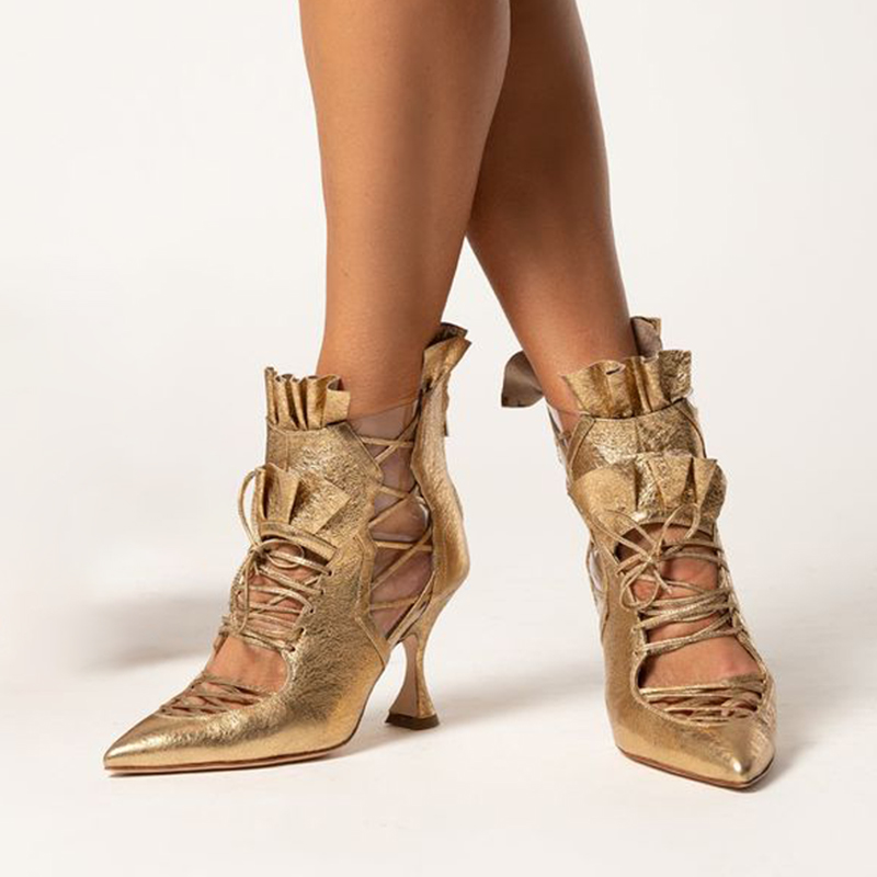 Gold Pointed Toe Ruffle Decor Spool Heel Vintage Lace Up Heels