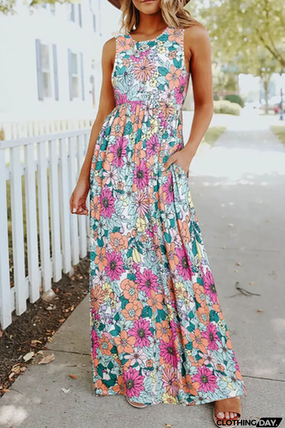 Multicolor Floral Print High Waist Sleeveless Maxi Dress