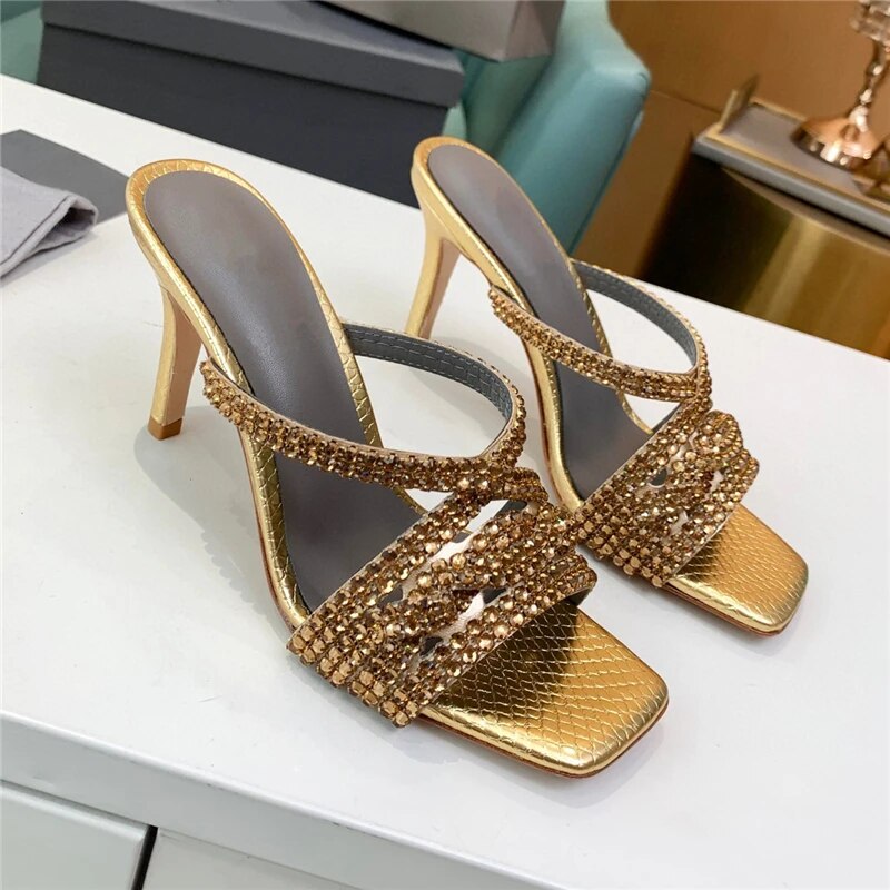 VCSHOES Rhinestone High Heel Sandals Women Square Open Toe Fretwork Real Leather Slingbacks Diamond Crystal Mules