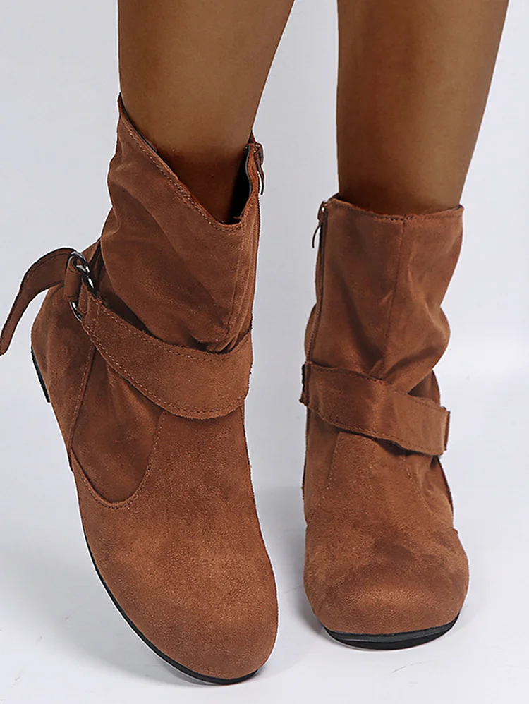 Casual Buckled Strap Solid Color Zipper Boots