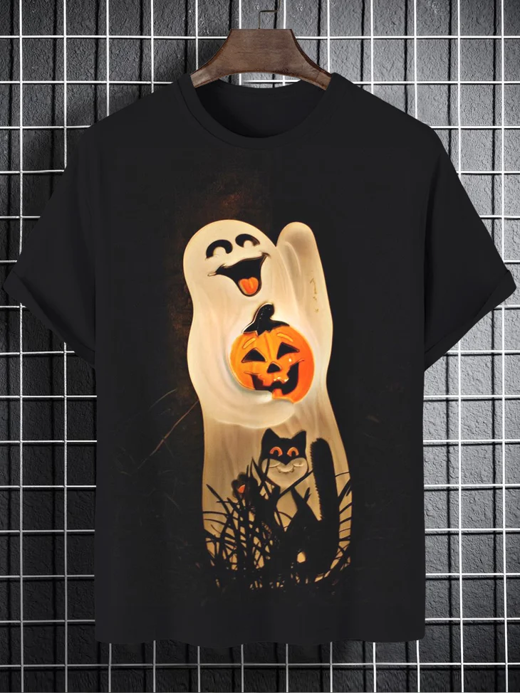 Men's Halloween Ghost Pumpkin Lantern Print T-Shirt