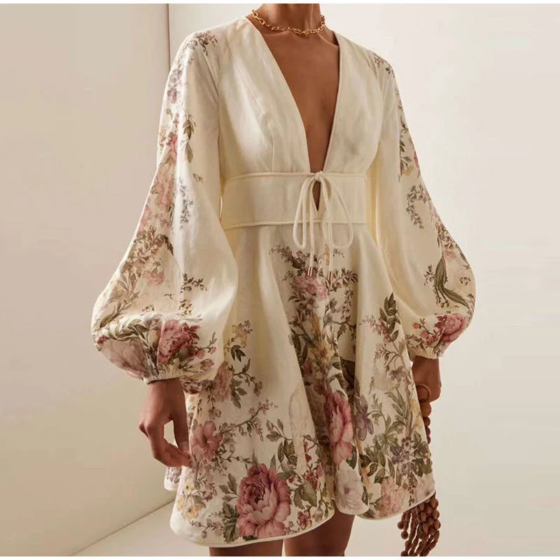 Churchf Churchf Lantern Sleeve Printed Dress 2024 Fashion Long Sleeve Teacked Ladies Holiday A-Line Dress