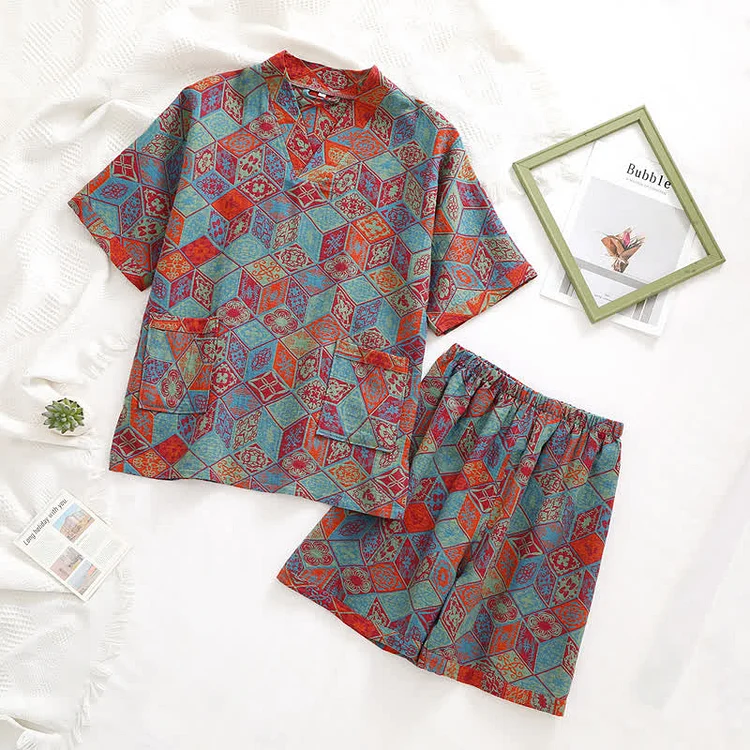 Double Layers Gauze Vintage Cotton Pajama Set Radinnoo.com