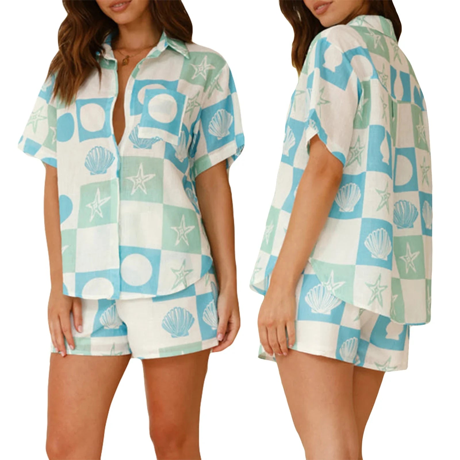 Llyge Women's 2Pieces Print Lounge Set Short Sleeve Lapel Button Up Lapel Collar Shirt Tops+Drawstring Waist Shorts Outfits llyge