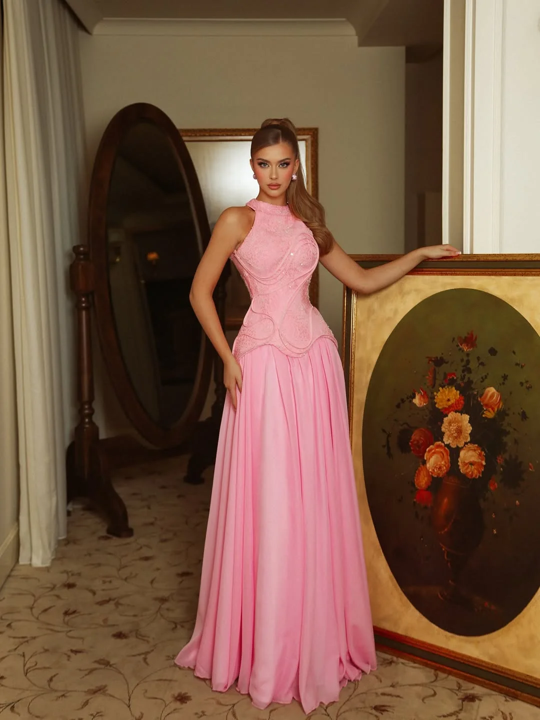 Hot Pink Halter Neck Strapless Sleeveless Long A-Line Prom Dress With Pleated And Sequins | YK0765 Wellcucu
