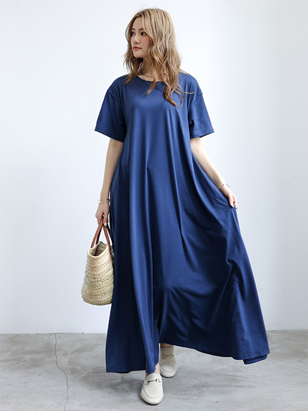 Minimalist Roomy Short Sleeves Pure Color Round-Neck Maxi Dresses