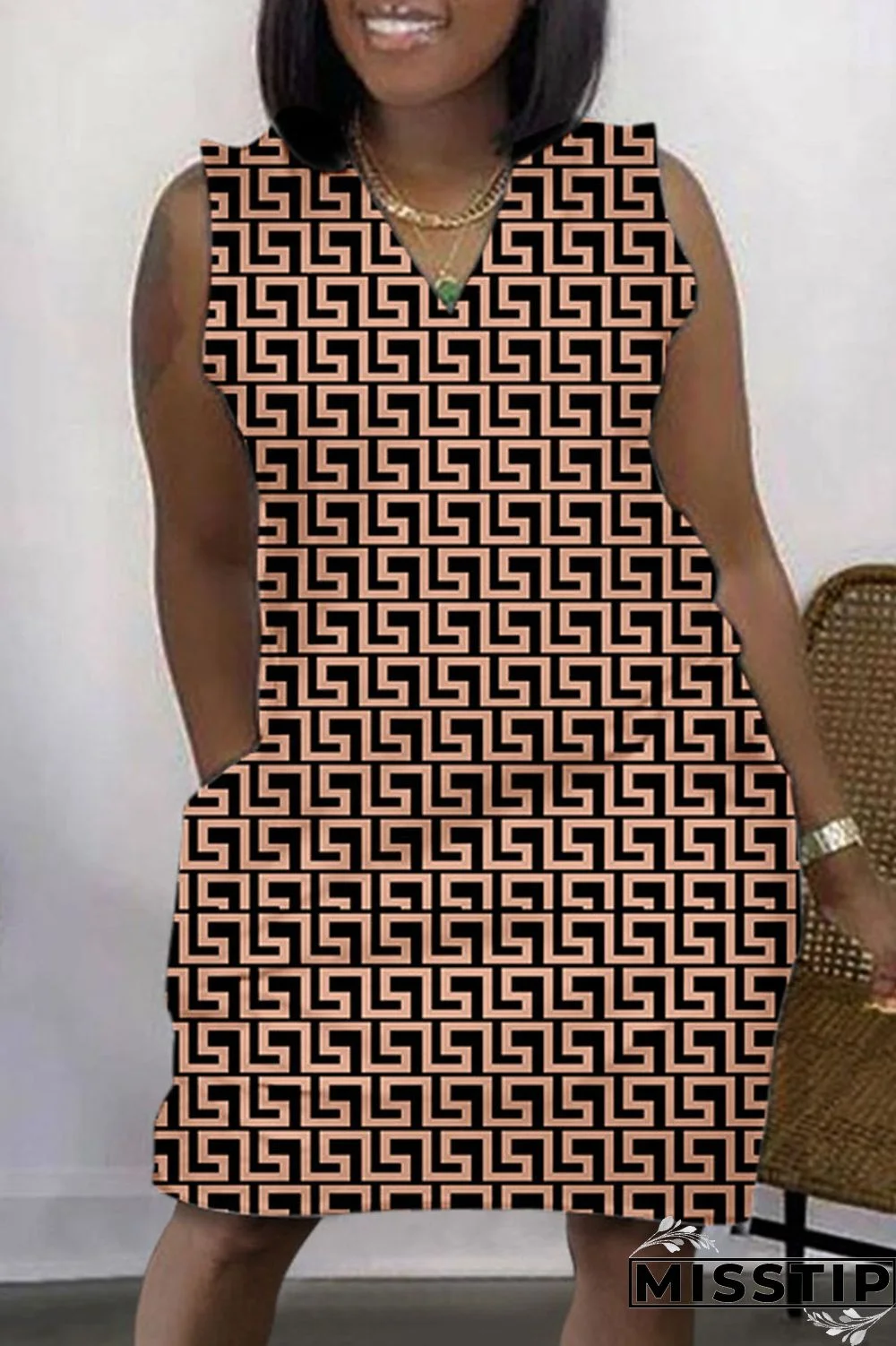 Black Apricot Casual Print Basic V Neck Sleeveless Dress Dresses