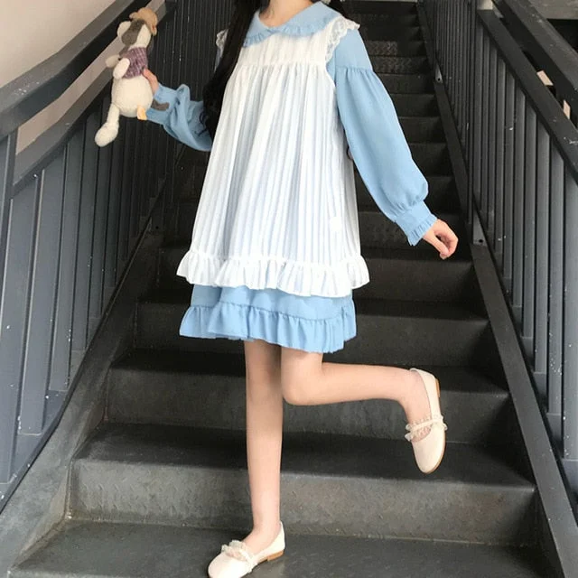 Kawaii Lolita Ruffles Puff Sleeve Round Collar Sweet Princess Dress BE252