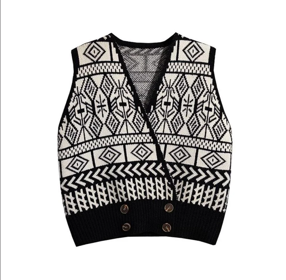 Sweater Vest Women V-neck Crop Top Double-breasted Chic Elegant All-match Loose Sleeveless Knit Vests Sweet Fashion Vintage New