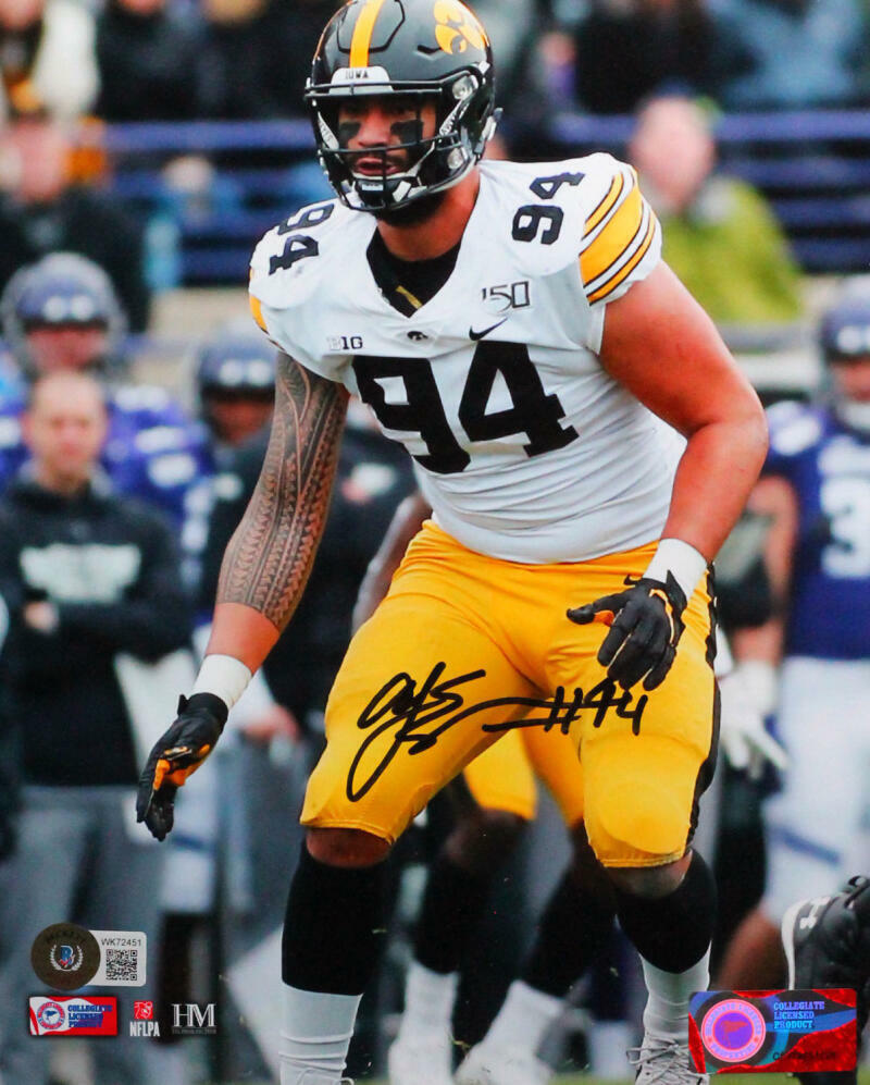 AJ Epenesa Autographed Iowa In Stance Close Up 8x10 HM Photo Poster painting- Beckett W *Black