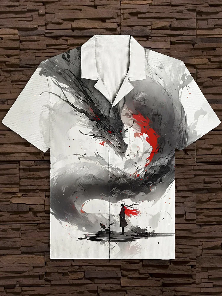 Men's Retro Ink Art Dragon and Warrior Print Shirt
