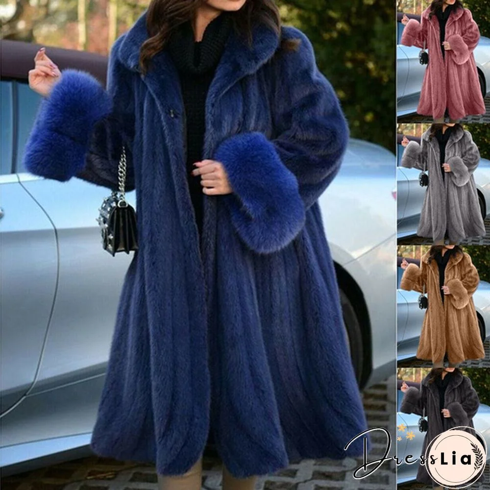 Women's Winter New Fashion Plus Size Luxury Elegant Solid Color Turn Down Collar Faux Fur Coat Warm Outerwear Tops