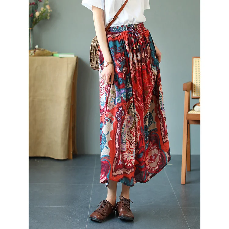 Cozy Vintage Floral Loose Lyocell Skirt