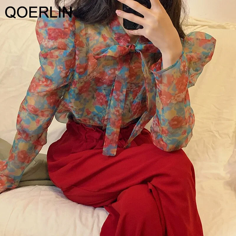 QOERLIN Bowtie Sexy See Through Blouse Female Retro Organza Transparent Print Ruffled Shirt Red Loose Casual Mesh Blouse Mujer