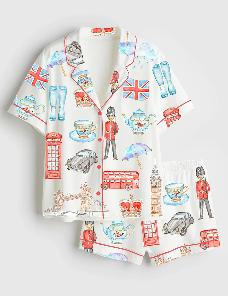 Women&rsquo;s Watercolor London Art City Bus Sightseen Bridge Telephone Short Sleeve Satin Pajama Set