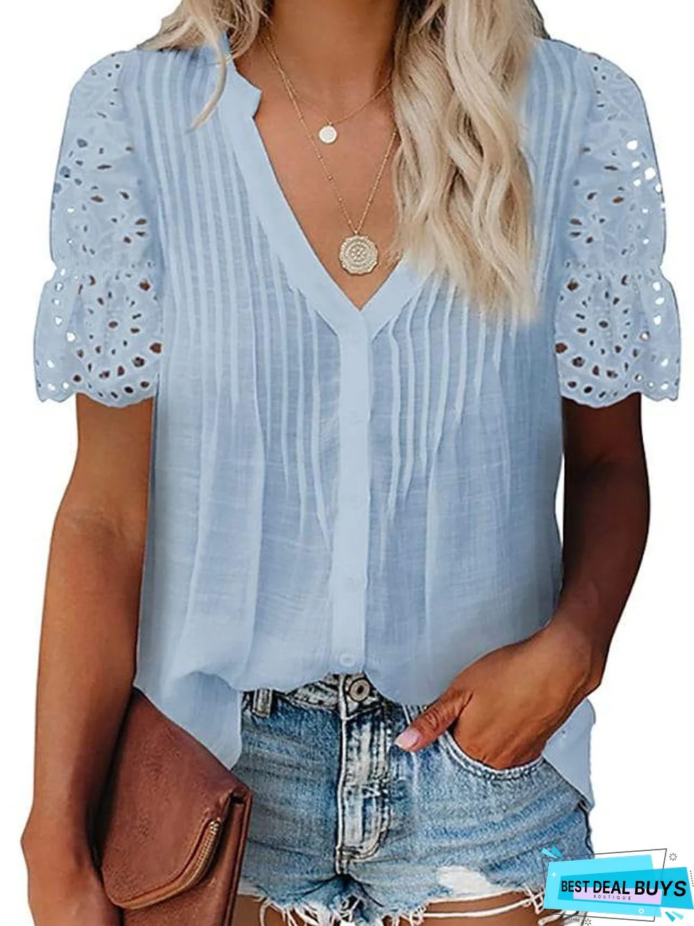 Women's Going Out Blouse Plain Lace Patchwork V Neck Tops Elegant Casual Basic Top White Black Blue