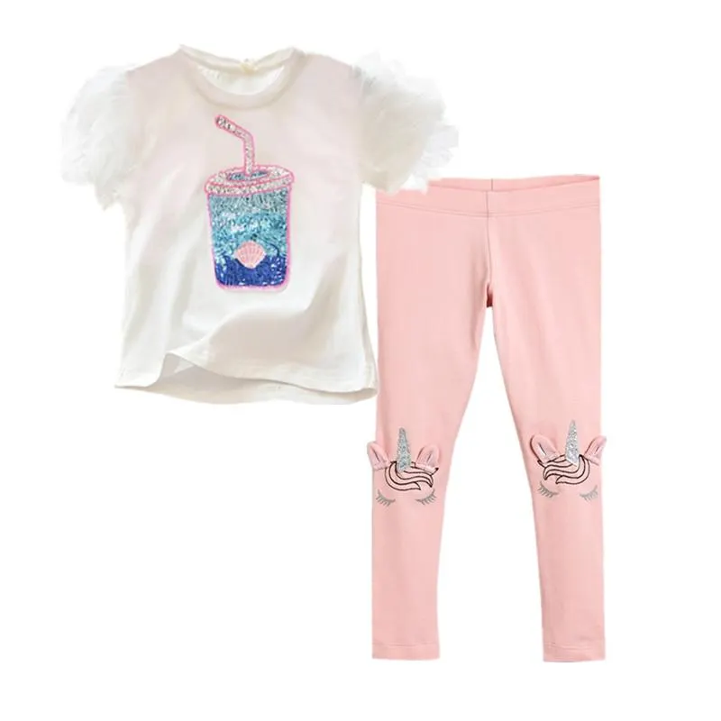 Two Pieces Kids Children Girls Clothes Set Little Girl Summer Cartoon Print T Shirt and Pants Leggings Outfits Clothing 2pcs