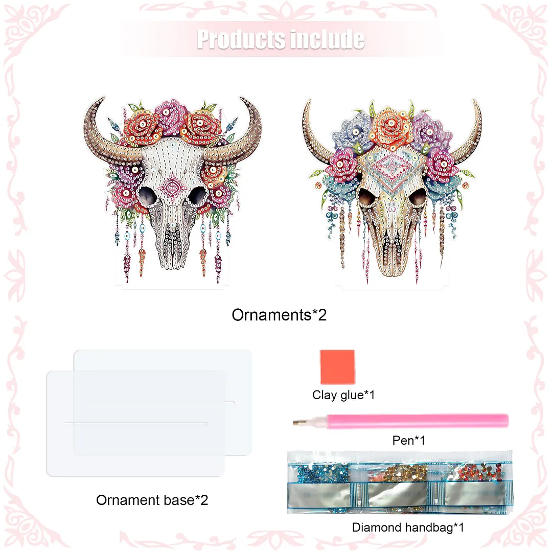 2Pcs DIY Diamond Art Tabletop Ornaments Reusable Special Gem Rhinestone Mosaic Craft Multi-Purpose Diamonds Art Suncatchers Flowers Gift for Craft Lovers (Floral Bull Skulls)