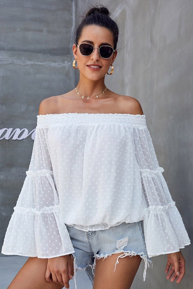 Summer Off Shoulder Blouse Women Fashion Solid Color Long Sleeve Plus Size Casual Sexy Shirts Female Chiffon Tops And Blouses