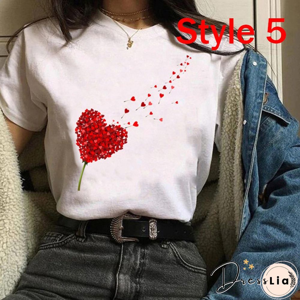 Women Clothes Lady Tees Graphic Printing Love Heart Sweet Valentine Cute Fashion Tops Female T Shirt Womens T-Shirt