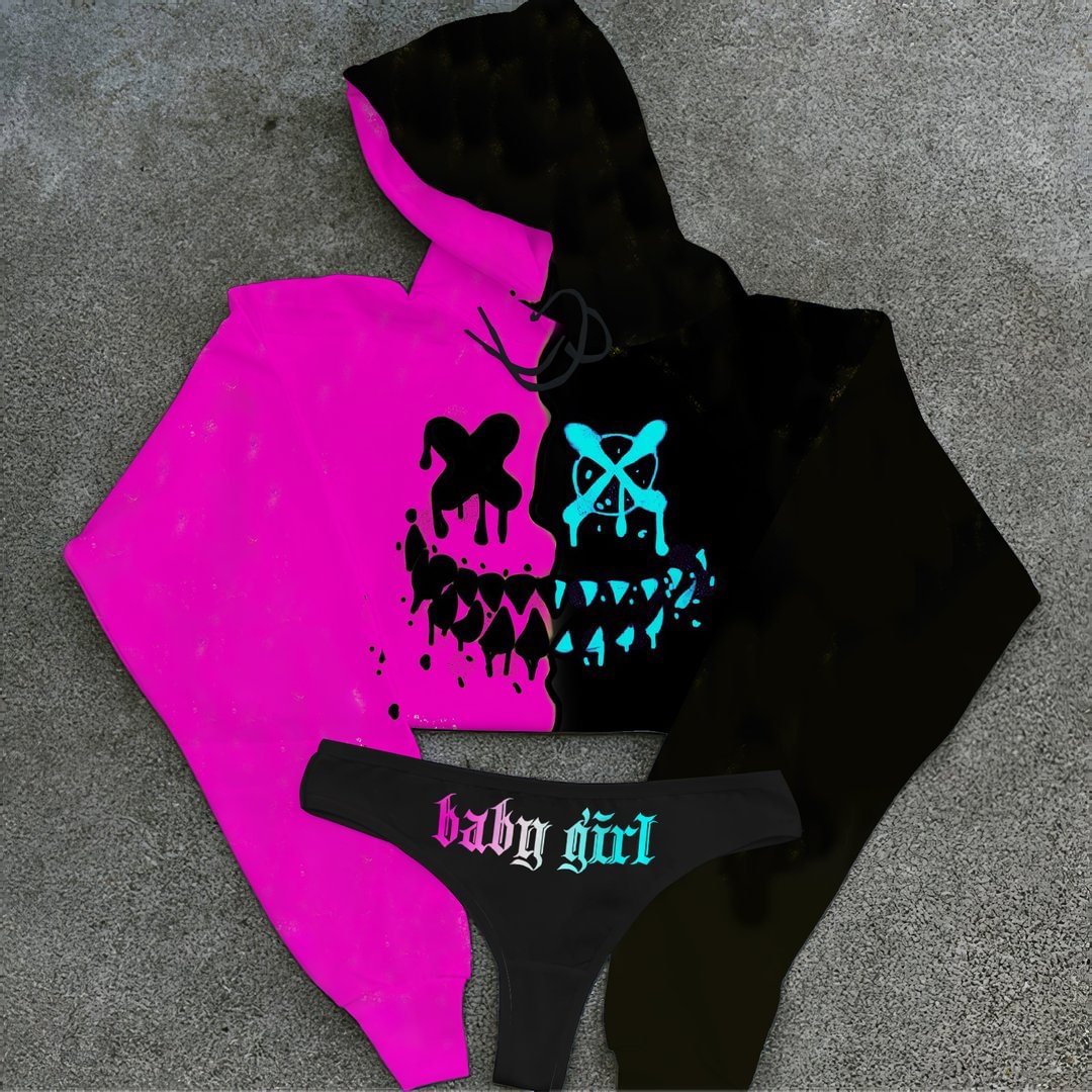 Contrast Print Sports Hoodie Set