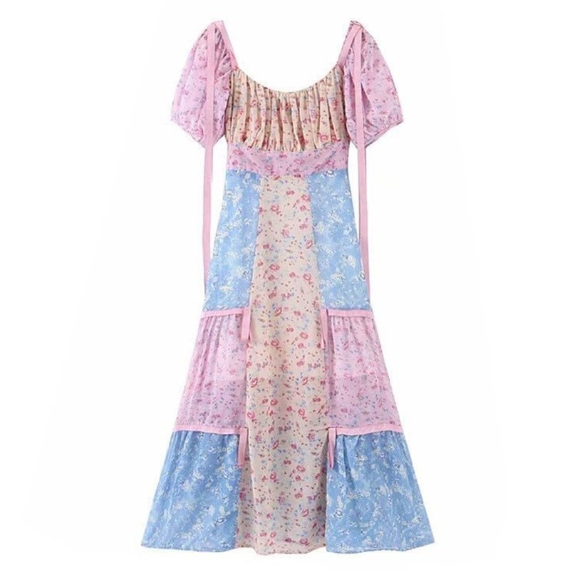 Retro Short Puff Sleeve Contrast Color Flower Dress Women Romantic Square neck Ruched front Hem Patchwork Long Dresses Holiday