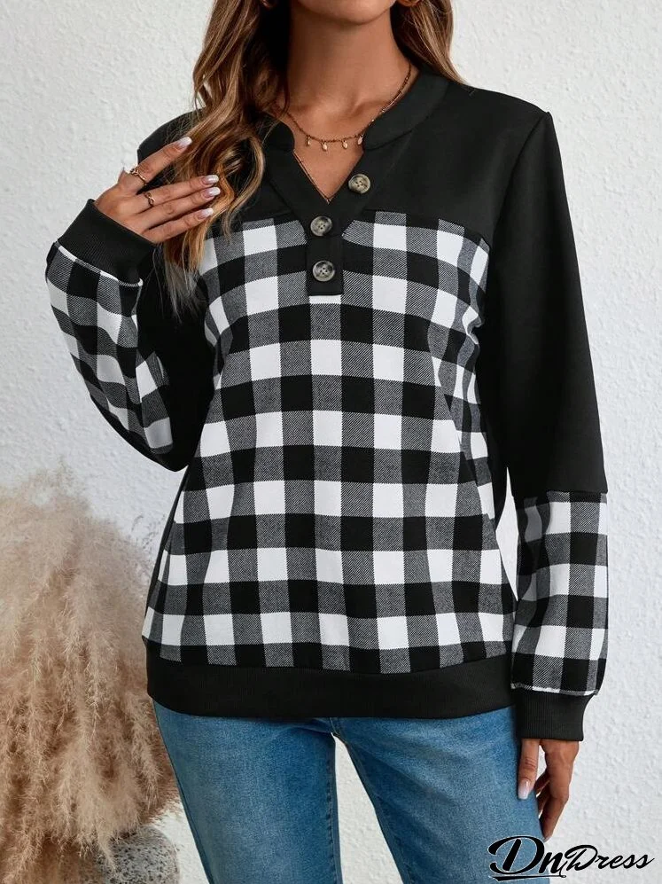 Women's Black Patchwork Plaid Patterned Long-Sleeve Sweatshirt For Autumn