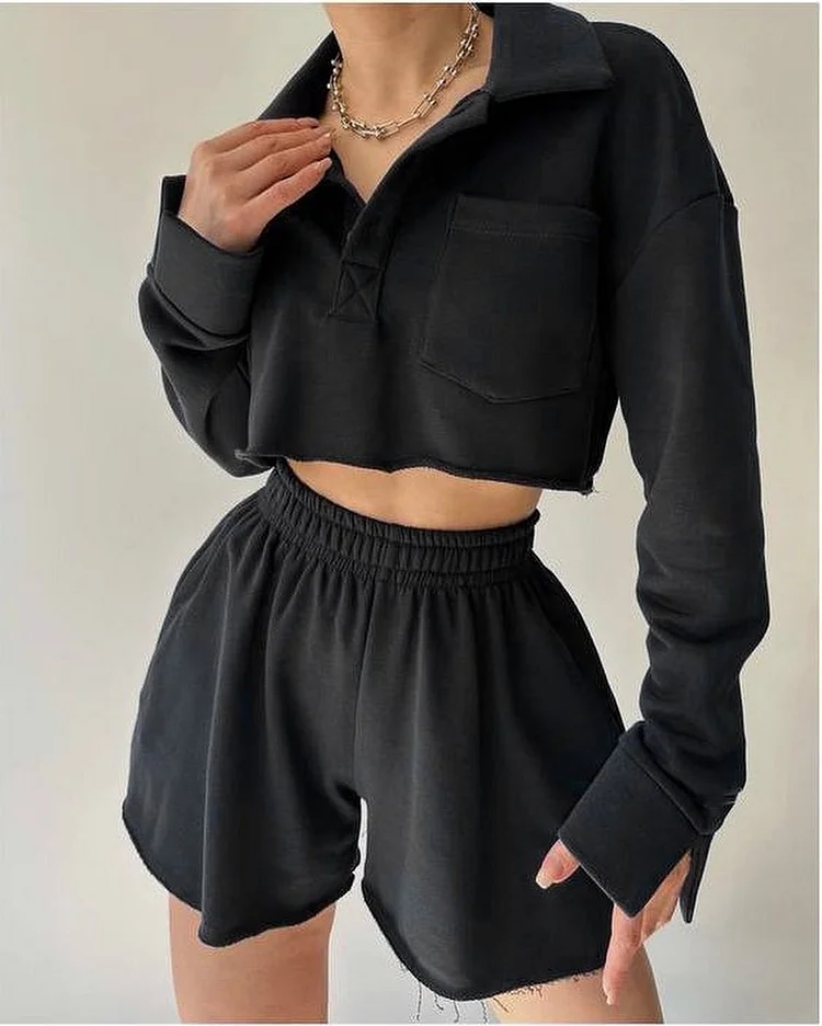 Solid Color Long Sleeve Short Casual Top Drawstring Shorts Set at Hiphopee