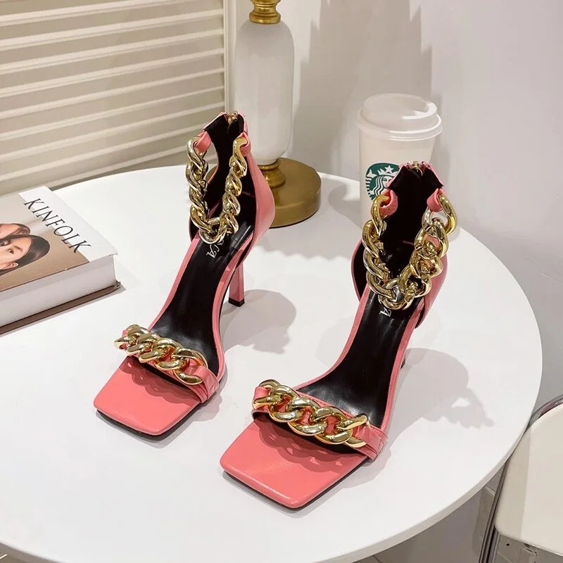 2021 Ins style Summer Women Sandals Fashion metal chains thin High heels Gladiator sandals Female Square toe Office Daily Shoes