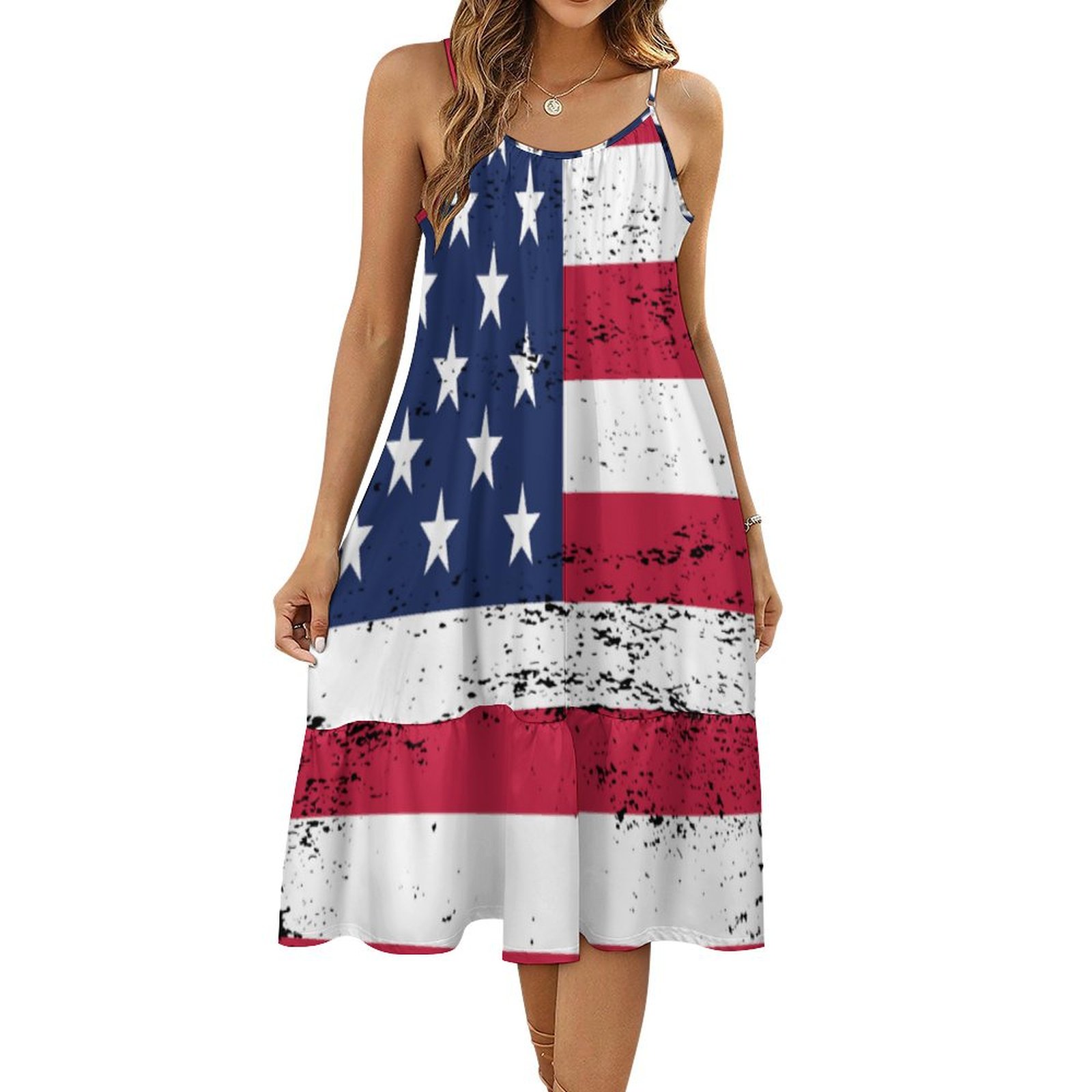 United States Flag Distressed Style Stars Stripes Women's Summer Midi Dress Casual Boho Sleeveless Spaghetti Strap Beach Dresses