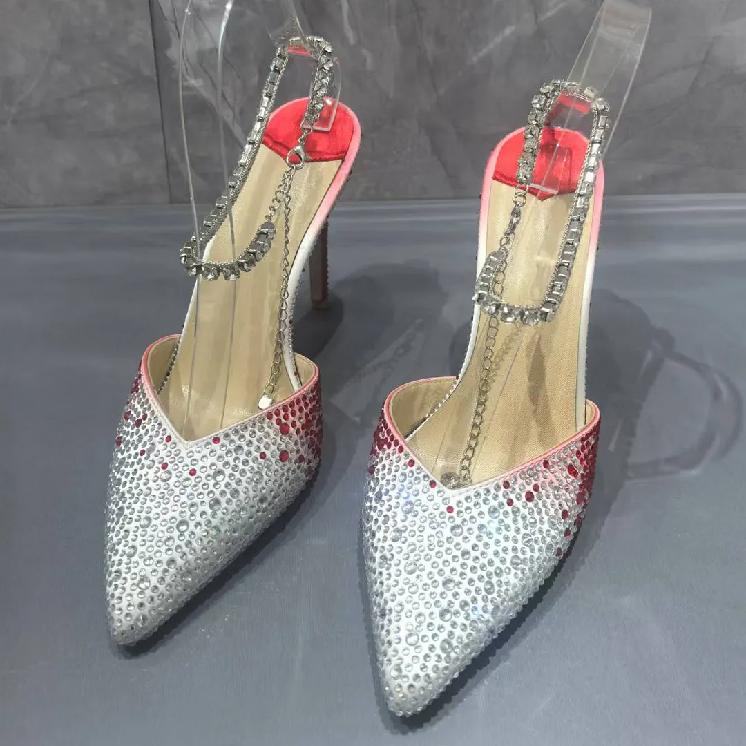 Women's 80mm/100mm/120mm High Heels Rhinestone Crystal Ankle Chain Pointed Toe Stilettos Pumps Shoes