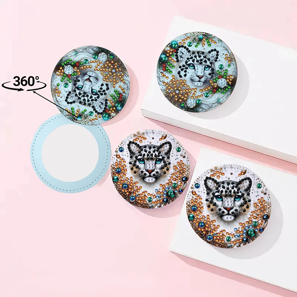 DIY Diamond Art Portable Cosmetic Mirror Round Diamond Painting Crafts (Tiger)