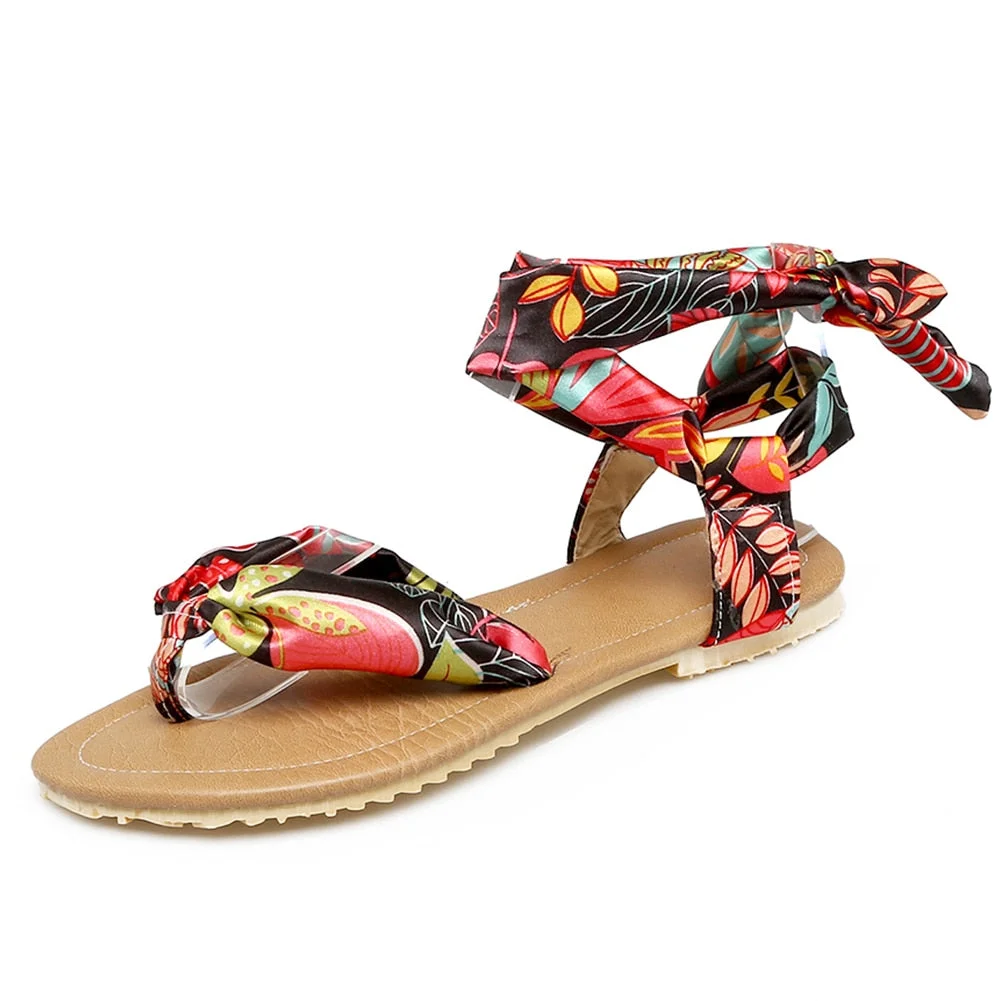 BONJOMARISA 2020 Plus Size 34-52 Flat Sandals Women Soft Casual Flower Print Women Sandals Summer Low Heel Beach Shoes Woman