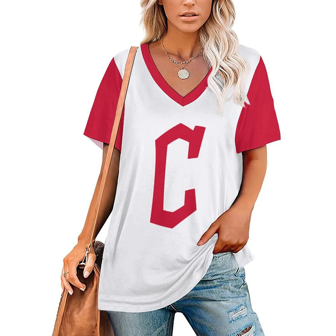 V-neck Short Sleeve Casual T-shirt for  Women Printed with Pattern,Navy,Red,White