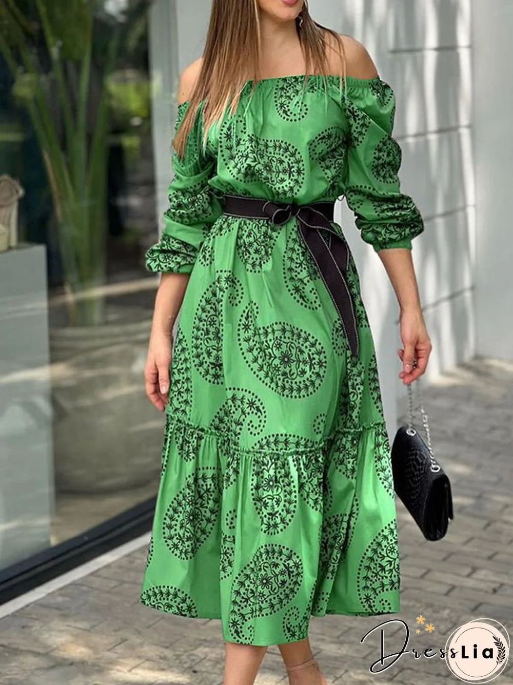 Women'S Dresses One-Shoulder Belted Long Sleeve Print Dress