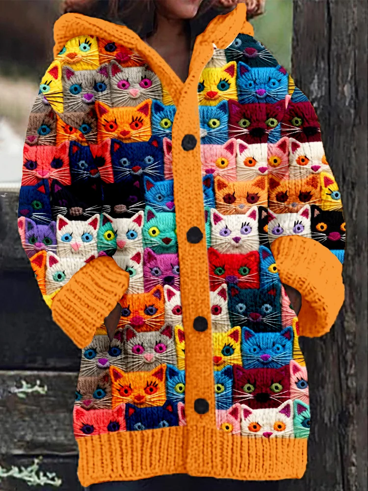 Whimsical Cat Embroidered Cozy Hooded Cardigan