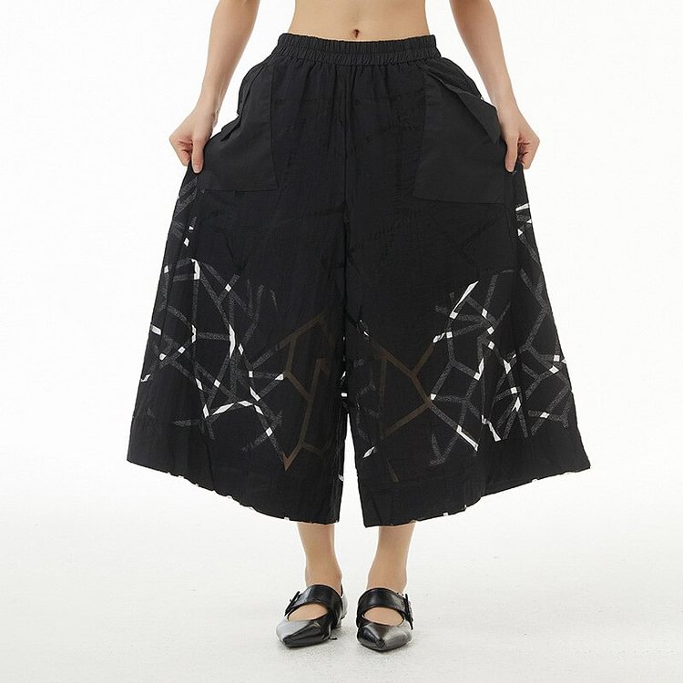 Elegant Solid Color Perspective Hollow Out Printed Pockets Wide Leg Pants  