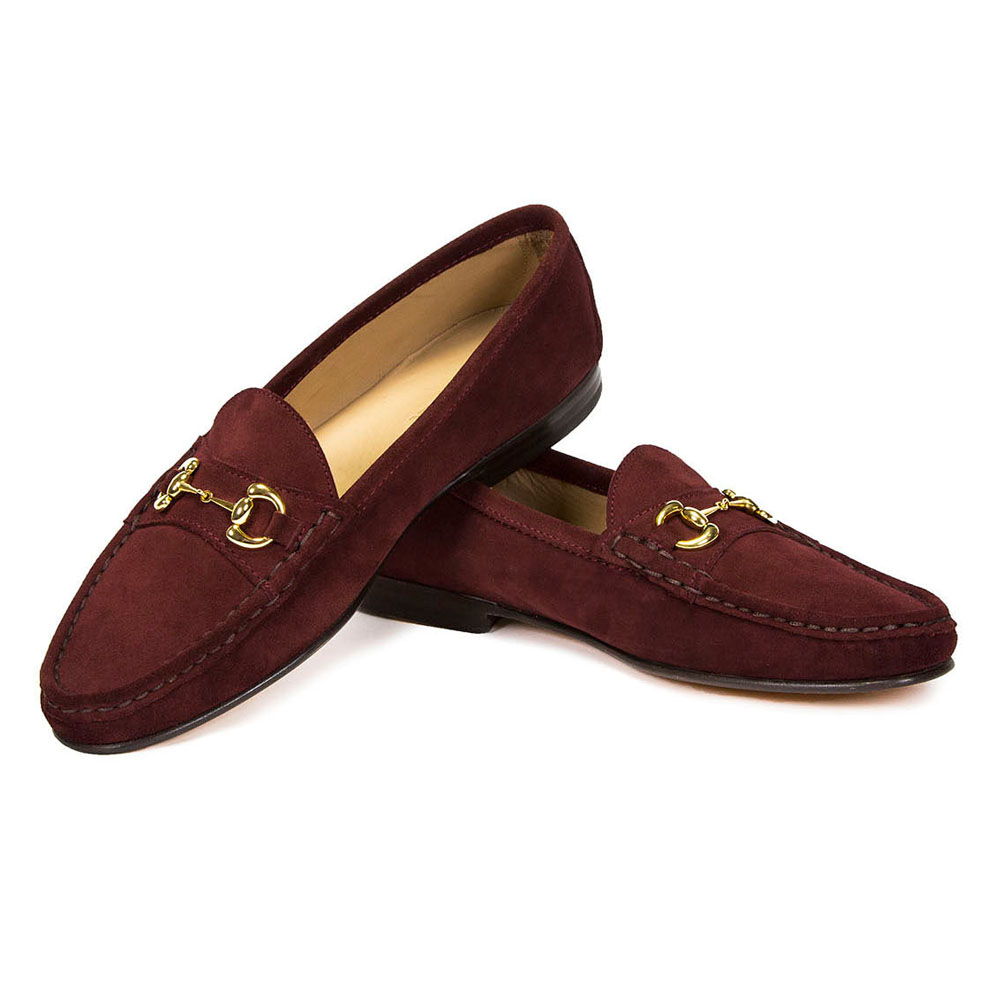 Maroon Faux Suede Round Toe Flat Formal Loafers with Chain Nicepairs