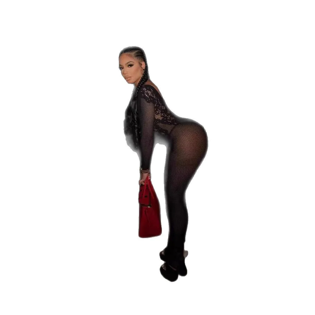 Uveng Uveng Solid-Color Round-Necked Bareback-Repair Sexy Perspective Long-Sleeved Knitting Trousers