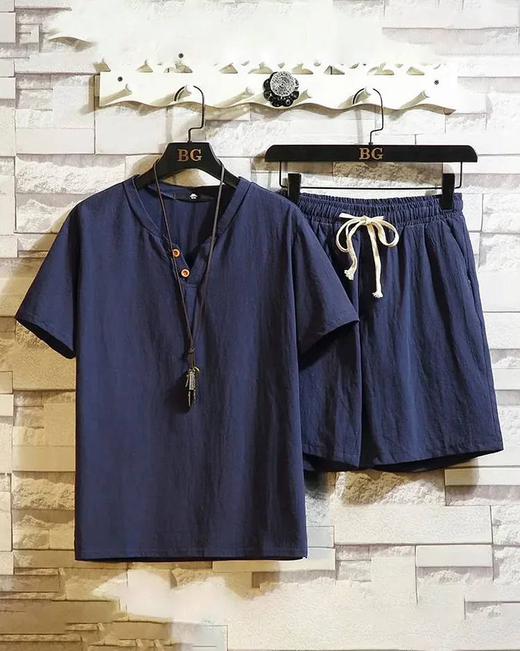 Men's Casual Cotton and Linen Short-Sleeved Top and Shorts Two-Piece Set