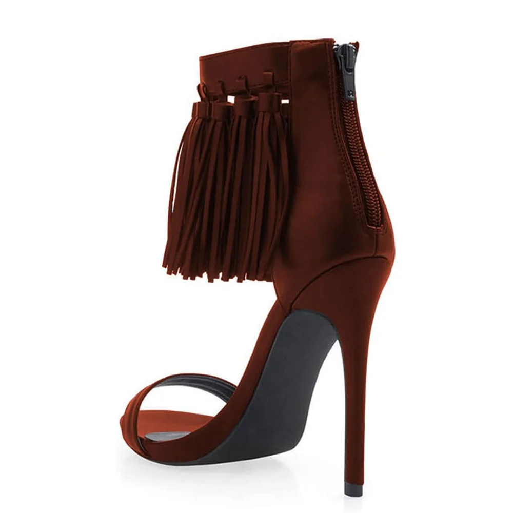 Maroon Vegan Leather Tassel Accent Stiletto Heel Sandals for Women