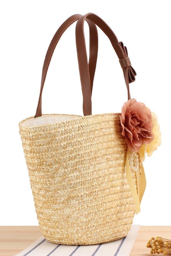 Two Flowers And Plants Woven Bag Solid Color Single Shoulder Woven Bag