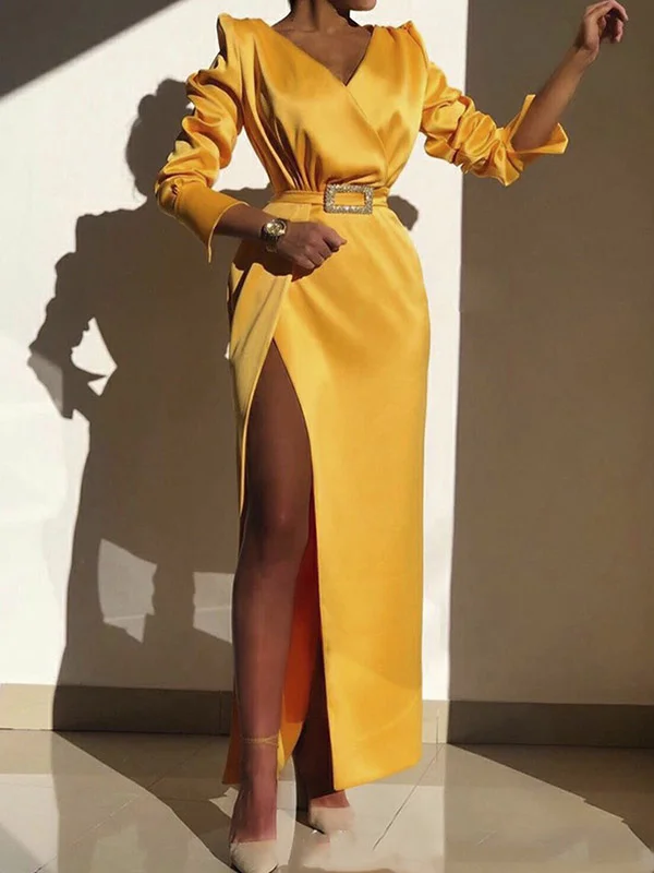 Fashion Long Sleeve V-Neck Solid Color Belted Split-Side Maxi Dress