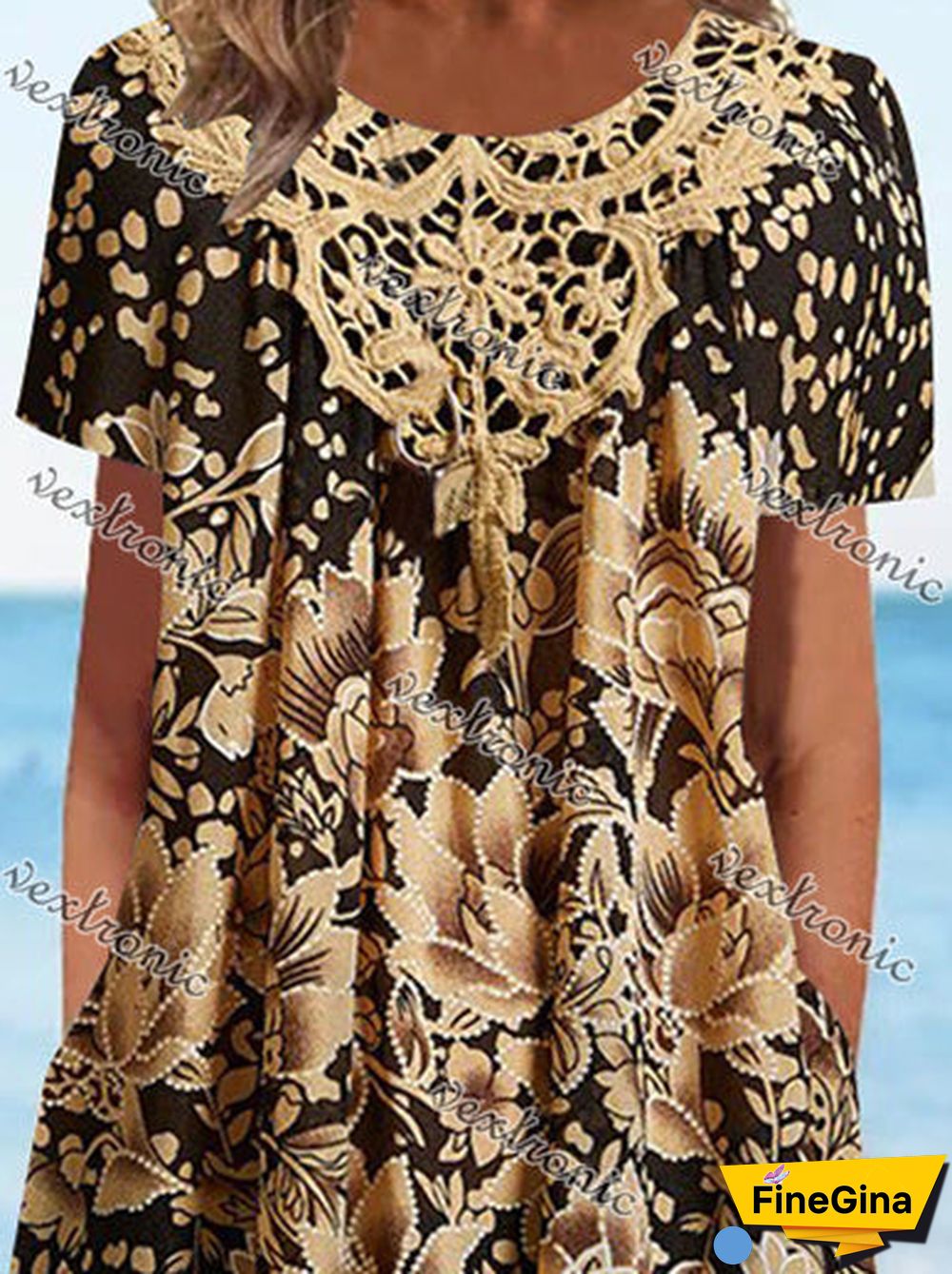 Women's Gold Scoop Neck Short Sleeve Printed Midi Dress