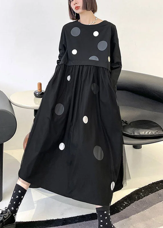 Art Black Pockets Patchwork Tulle Print Fall Vacation Dresses Long sleeve
