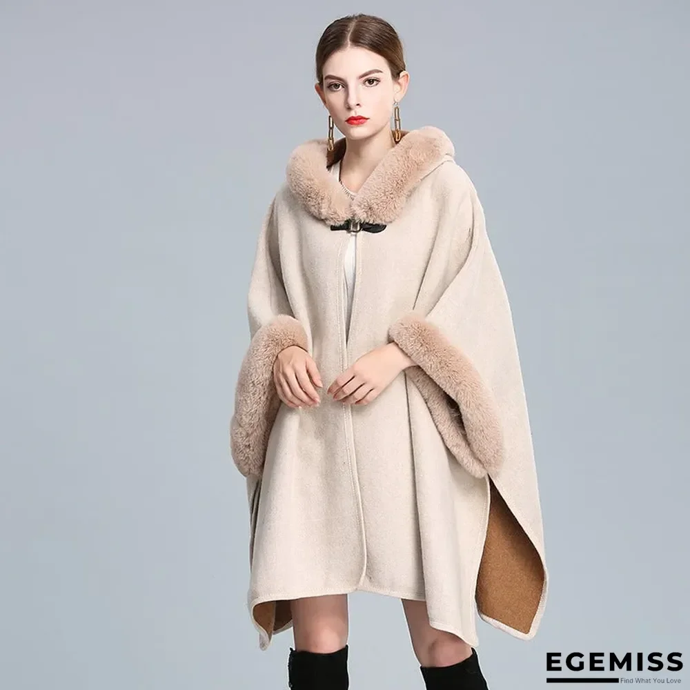Autumn and Winter Fur Collar Hooded Shawl Cloak Large Size Woolen Coat Loose Cardigan Women | EGEMISS