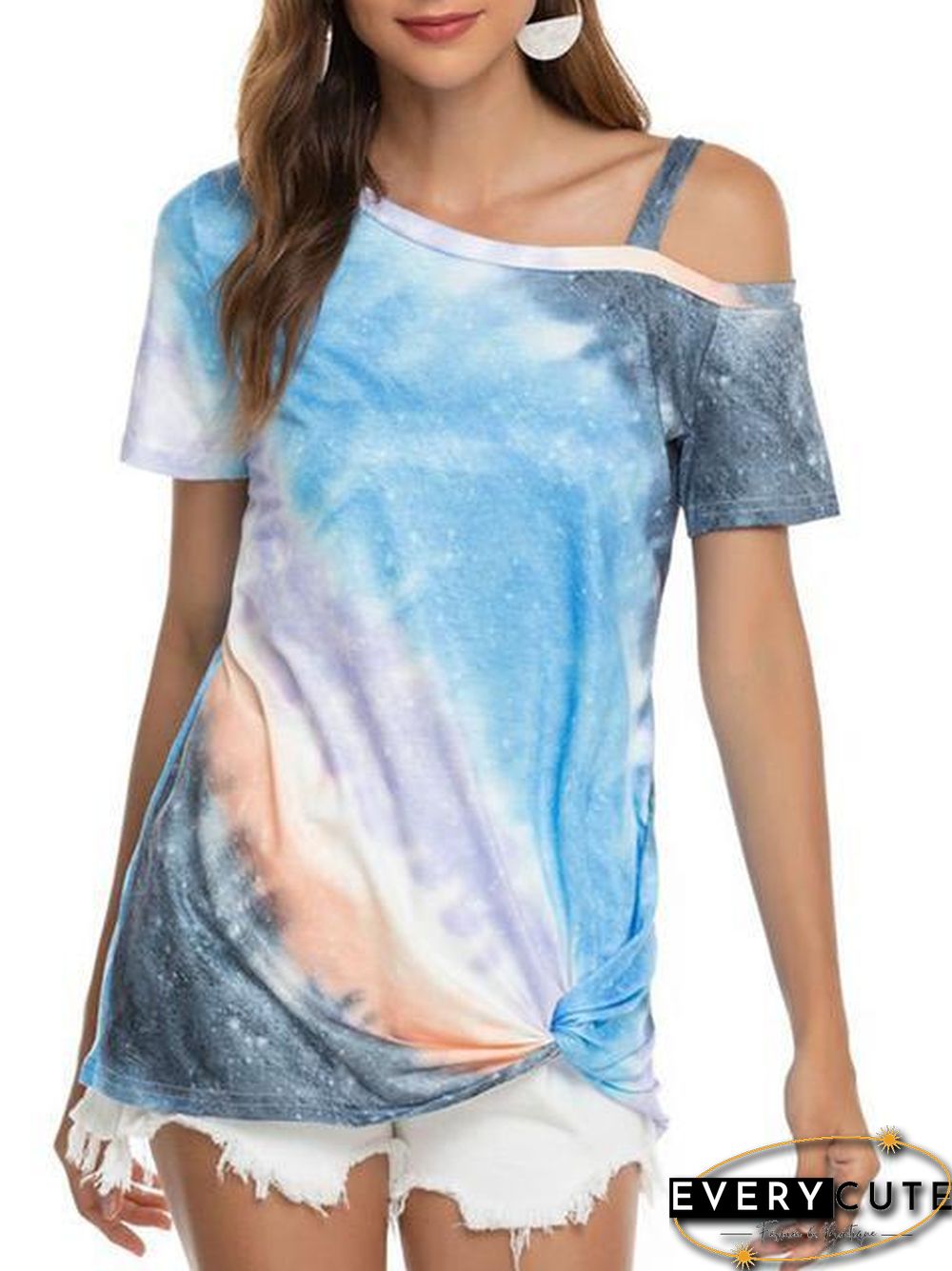 Gradient Color Cold Shoulder Twisted T-Shirt